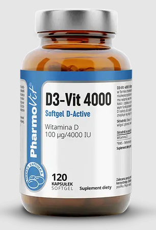 Vitamina D3-Vit 100 µg (4000 UI) integratore alimentare senza glutine 120 capsule - Pharmovit (etichetta pulita)