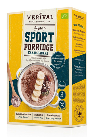 Porridge proteico con cacao e banana, senza zuccheri aggiunti, senza glutine, Biologico, 350 g – Verival