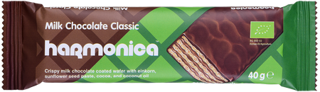 Wafer con crema al latte e cacao ricoperto di cioccolato al latte BIO 40 g – Harmonica
