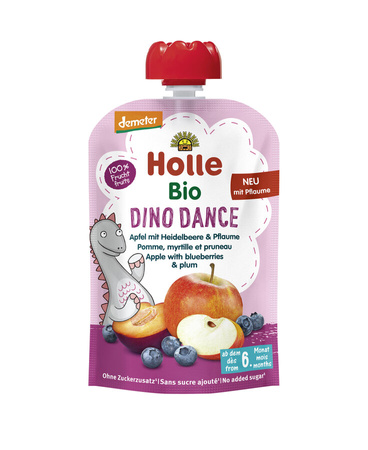 Frullato Dinosauro Danzante (mela, mirtillo, prugna) senza zuccheri aggiunti, senza glutine, Biologico 100 g – Holle