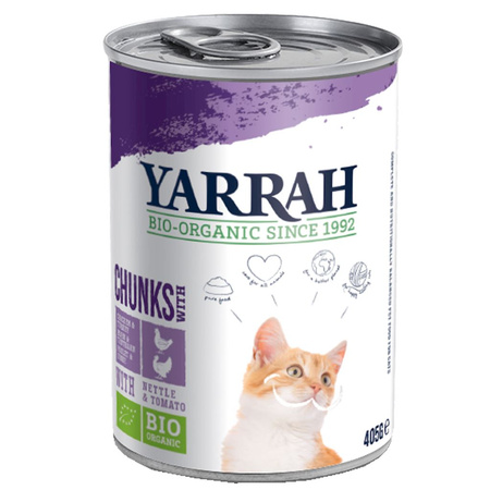 Alimento biologico per gatti con bocconcini di pollo e tacchino, pomodoro e ortica 405 g – Yarrah