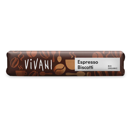 Barretta con ripieno al latte e caffè e biscotti, ricoperta di cioccolato al latte all'espresso Biologico 40 g – Vivani