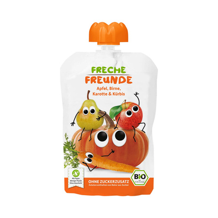 Purea di mela, pera, carota e zucca, senza zuccheri aggiunti, senza glutine, dai 6 mesi, Biologico 100 g – Freche Freunde