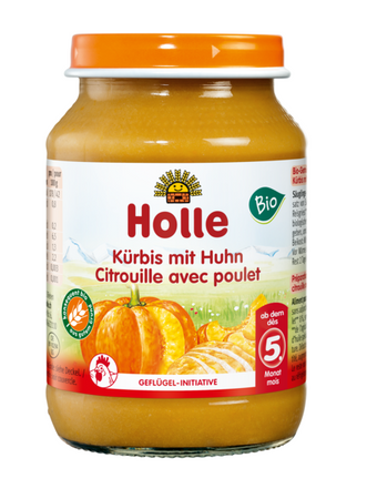 Omogeneizzato Holle di Zucca e Pollo Biologico, senza zuccheri aggiunti, senza glutine, dal 5° mese, 190 g vasetto