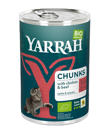 Cibo per gatti bocconcini di pollo e manzo con pomodoro e ortica bio 405 g - Yarrah