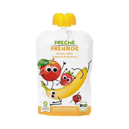 Mousse biologica di banana, mela, fragola e lampone, senza zuccheri aggiunti, senza glutine, dal 6° mese 100 g – Freche Freunde