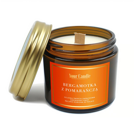 Candela di soia profumata al bergamotto e arancia con stoppino in legno, 120 ml – Your Candle