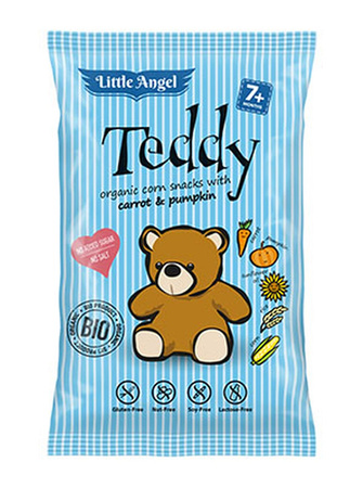Puffs di mais Mini Teddy carota e zucca da 7 mesi senza glutine biologici 30 g – Little Angel