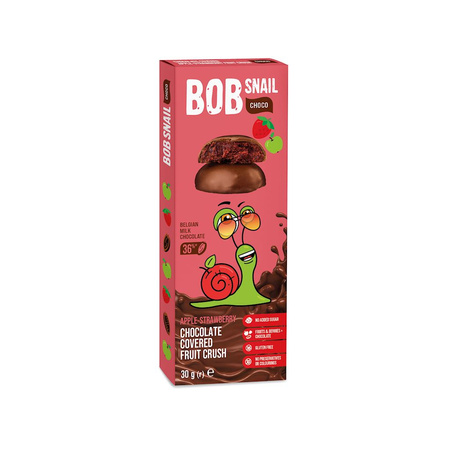 Snack mela e fragola al cioccolato al latte belga, senza zuccheri aggiunti, senza glutine 30 g – Bob Snail