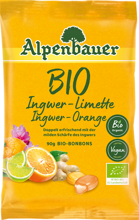 Caramelle ripiene al gusto di zenzero e lime e zenzero e arancia vegan Biologico 90 g – Alpenbauer