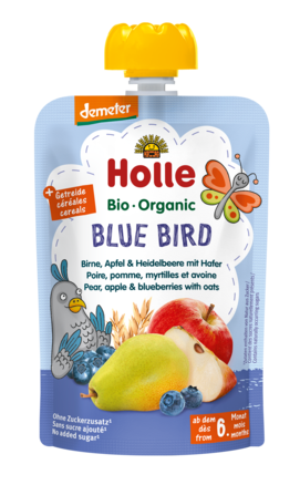 Purea in pouch pera, mela, mirtillo e avena senza zuccheri aggiunti a partire dal 6° mese Demeter Biologico 100 g – Holle