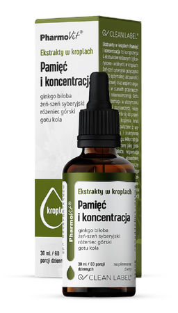 Estratti in gocce per la memoria e la concentrazione Integratore alimentare senza glutine 30 ml - Pharmovit