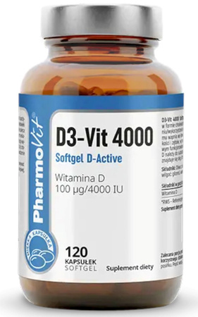 Vitamina D3-Vit 100 µg (4000 UI) integratore alimentare senza glutine 120 capsule - Pharmovit (etichetta pulita)