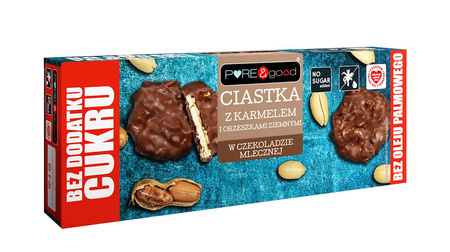 Biscotti con caramello e arachidi ricoperti di cioccolato al latte senza zuccheri aggiunti 128 g – Pure&Good