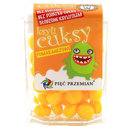 Caramelle Ksylicuksy al xilitolo al gusto arancia, senza glutine, 13 g – Pięć Przemian (Five Transformations)