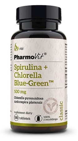 Integratore alimentare di spirulina + clorella blu-verde (500 mg) senza glutine 180 compresse - PHARMOVIT (CLASSIC)