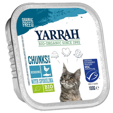 Cibo per gatti, pollo con pezzi di pesce e spirulina bio 100 g - Yarrah