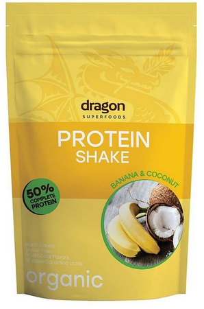 Shake proteico banana e cocco, 50% di proteine con aminoacidi, con eritritolo, senza glutine biologico 450 g – Dragon Superfoods