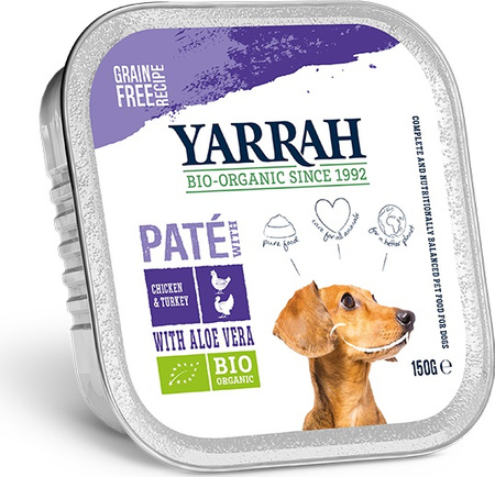 Paté per cani di pollo, manzo e tacchino con aloe biologico 150 g – Yarrah