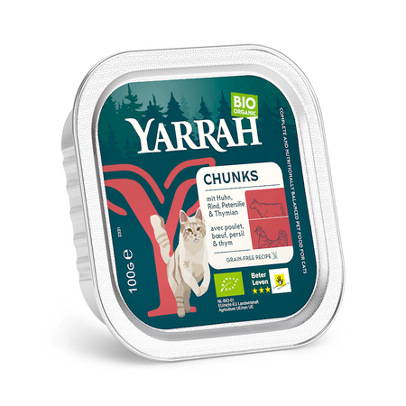 Alimento per gatti bocconcini di pollo e manzo biologico 100 g – Yarrah